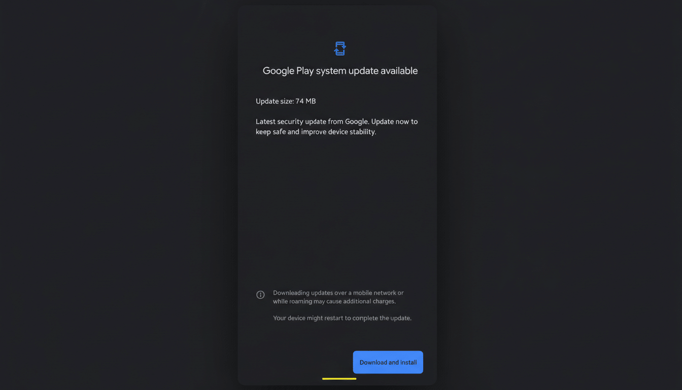 A screenshot of a Google Play system update notification on a dark background, resized to a 16:9 aspect ratio.
