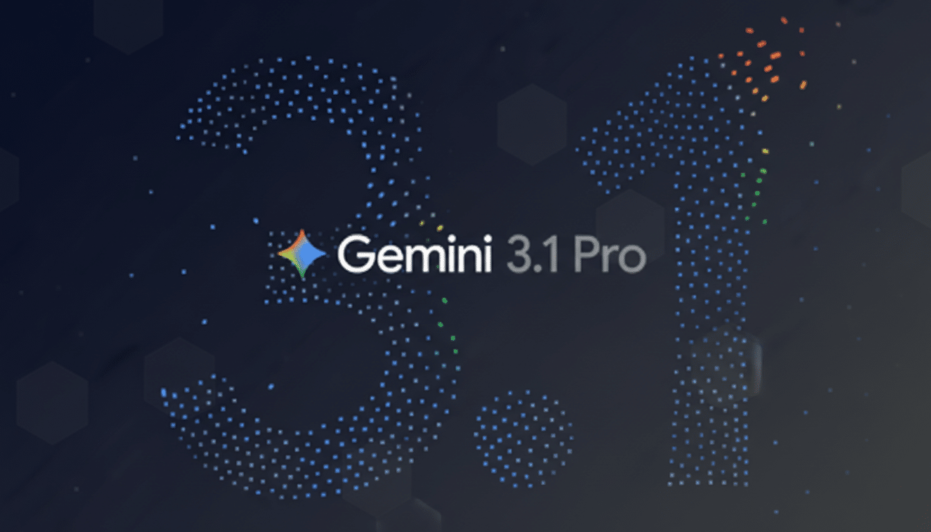 The text Gemini 3.1 Pro is displayed in white, with 3.1 in a larger, dotted font that transitions from blue to a rainbow of colors. The background is a dark blue-grey gradient with subtle hexagonal patterns.