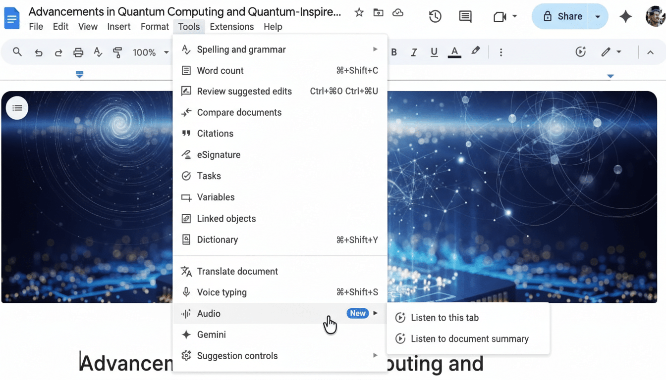 A screenshot of a Google Docs document titled Advancements in Quantum Computing and Quantum-Inspired... with the Tools menu open, highlighting the Audio option with a New tag next to it.