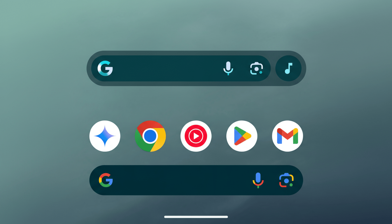 A smartphone screen displaying Google search bars and app icons for Google Chrome, YouTube Music, Google Play, and Gmail.