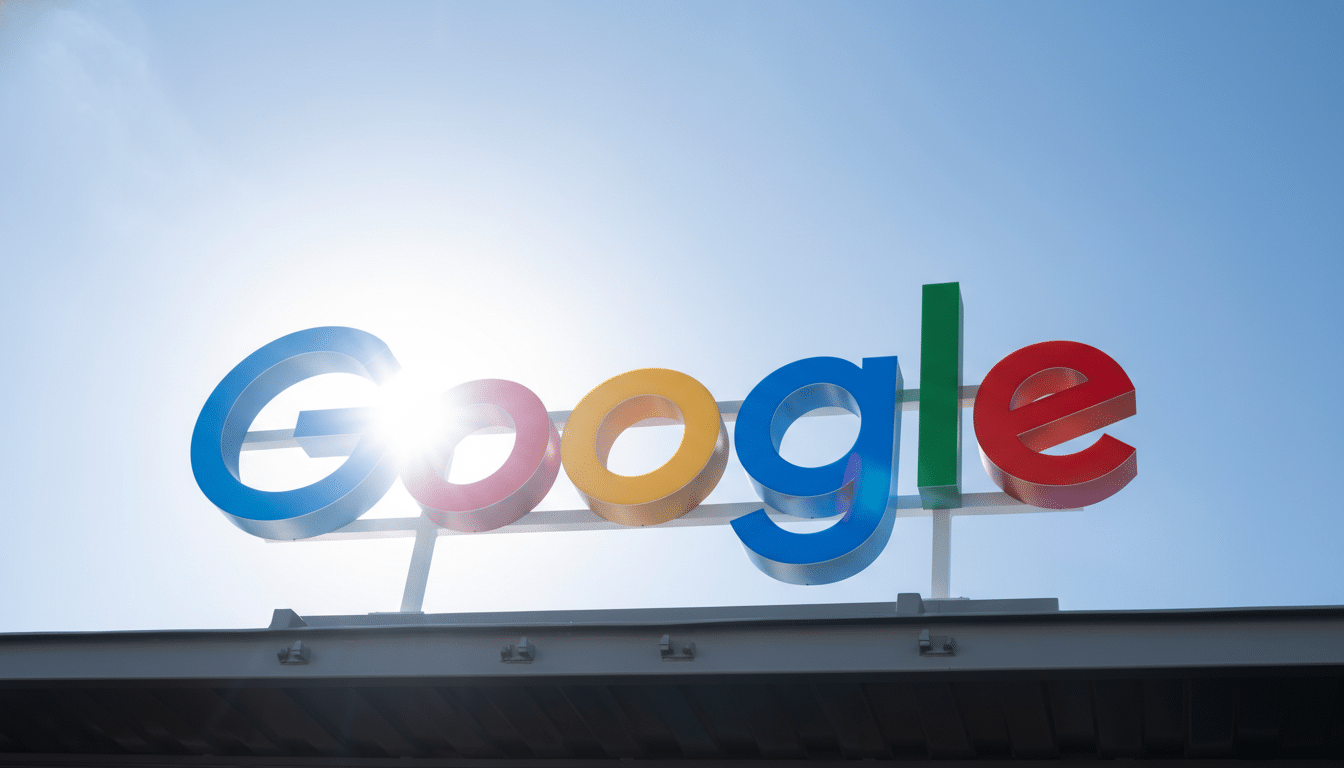 The Google logo in vibrant colors against a bright blue sky, with the sun creating a lens flare behind the G.