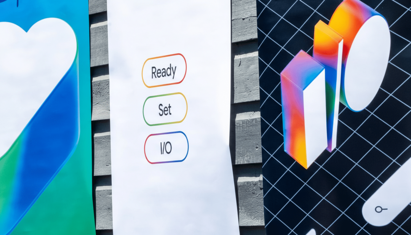 A 16:9 aspect ratio image of three banners. The left banner has a white heart on a blue and green gradient. The middle banner is white with three oval buttons that say Ready, Set, and I/O. The right banner is black with a grid pattern and colorful geometric shapes.