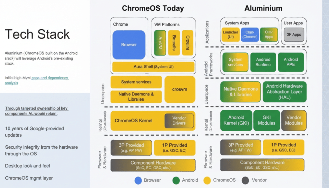 A technical diagram comparing the ChromeOS Today tech stack with the Aluminium tech stack, showing various layers from firmware to applications.