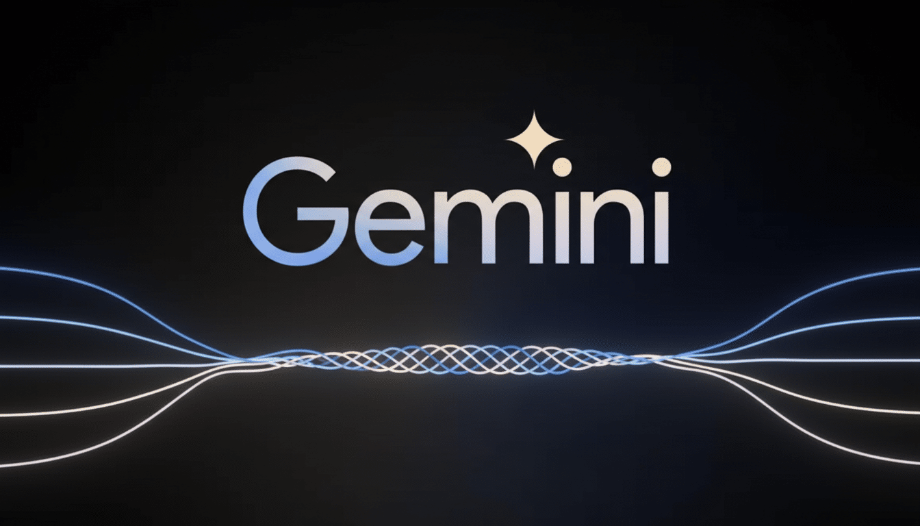 The Gemini logo, featuring the word Gemini in a stylized font with a sparkling star icon above the i, set against a dark background with subtle, flowing light lines.
