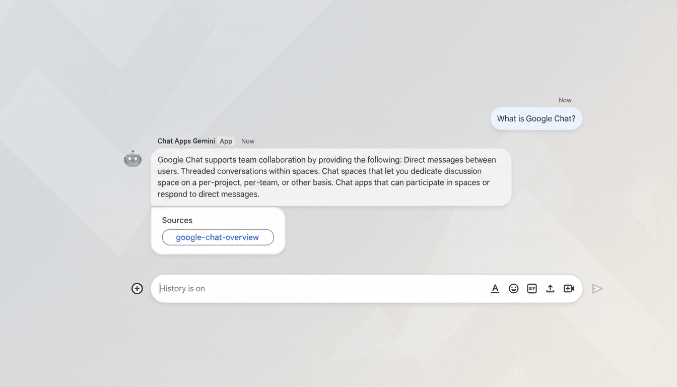 A screenshot of a Google Chat Apps Gemini interface, resized to a 16:9 aspect ratio with a professional flat design background. The chat shows a user asking What is Google Chat? and the Gemini app responding with a description of Google Chats features and a source link. The original chat interface elements are preserved.