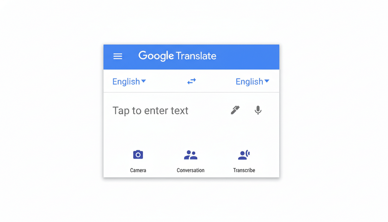 A professionally enhanced image of the Google Translate app interface, resized to a 16:9 aspect ratio. The apps main screen is centered on a clean, professional flat white background.