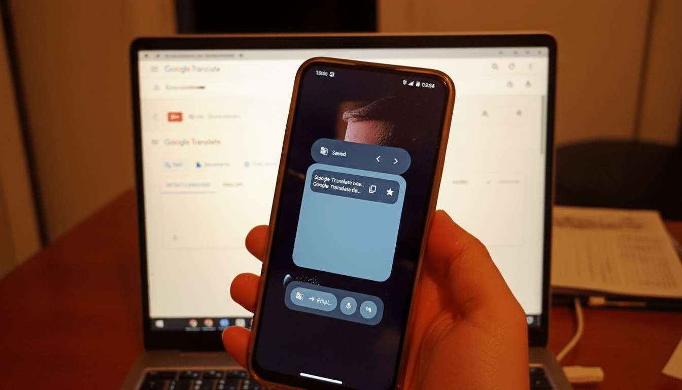 A hand holding a smartphone displaying the Google Translate app, with a laptop in the background also showing the Google Translate website.
