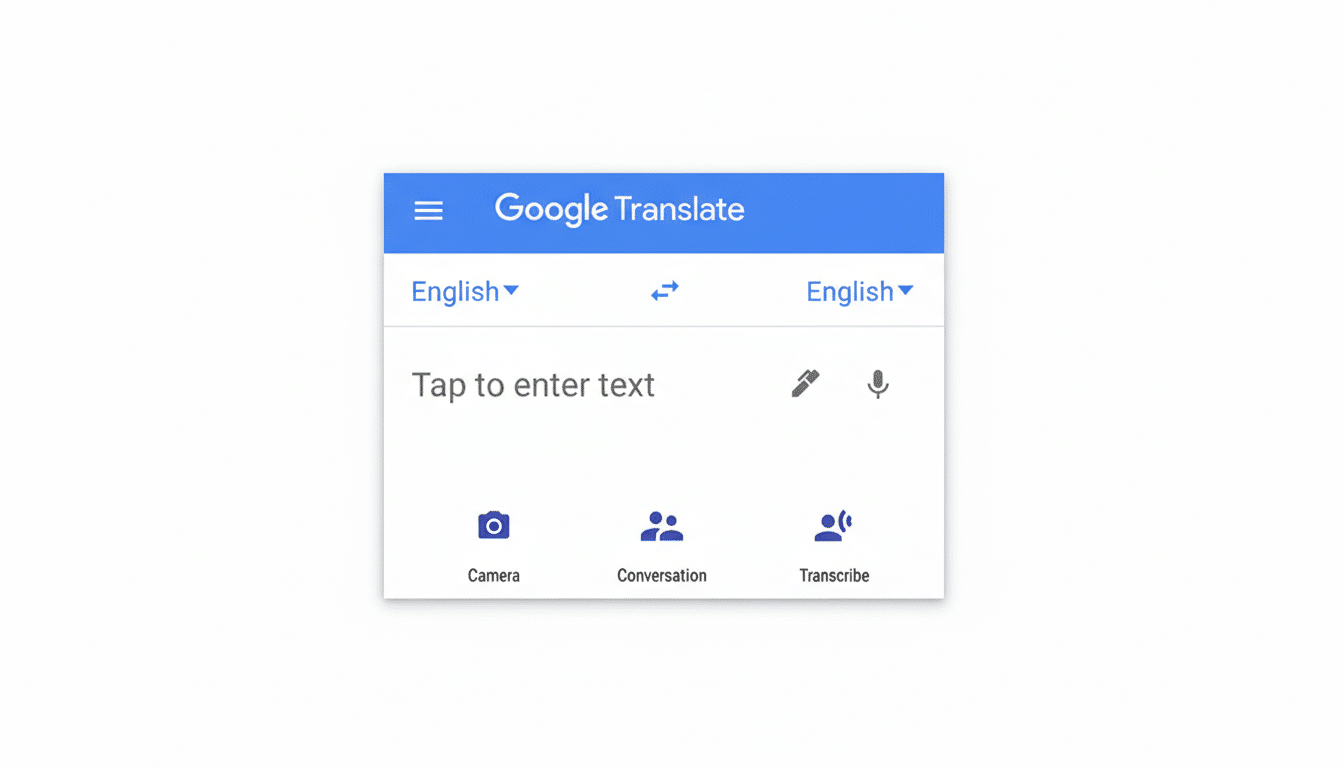 A professionally enhanced image of the Google Translate app interface, resized to a 16:9 aspect ratio. The apps original design is preserved, featuring the Google Translate title, language selection dropdowns, text input area, and icons for camera, conversation, and transcribe functions. The background is a clean, professional flat design with a soft gradient.