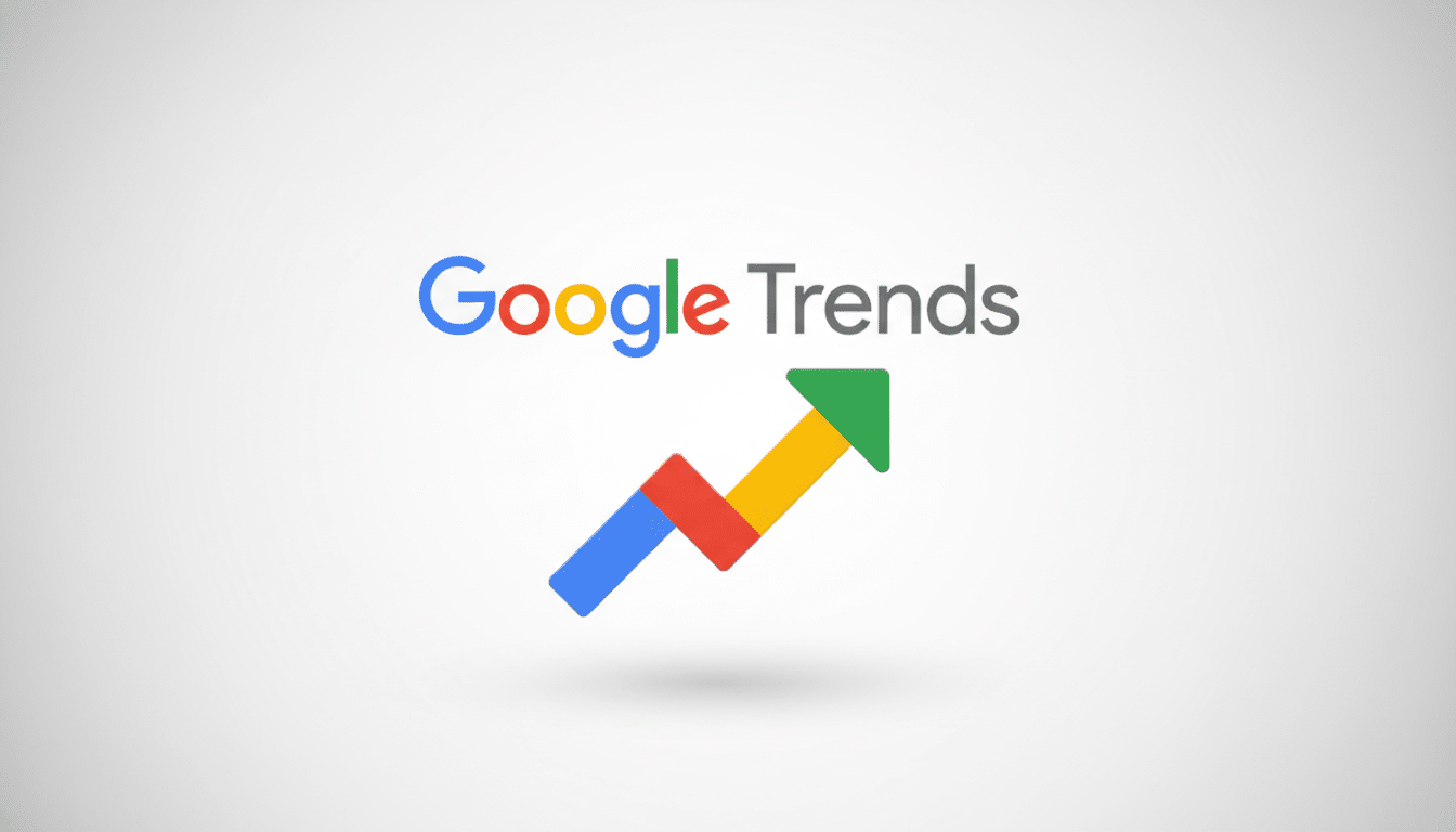 The Google Trends logo, featuring the word Google in its signature colorful lettering and Trends in gray, above a stylized upward-pointing arrow composed of red, blue, yellow, and green segments, set against a professional light gray background with a subtle gradient.