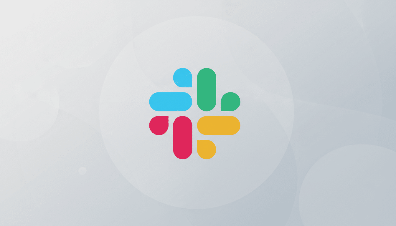 The Slack logo, a colorful four-leaf clover-like shape made of rounded rectangles in blue, green, red, and yellow, centered on a professional light gray background with subtle circular patterns.