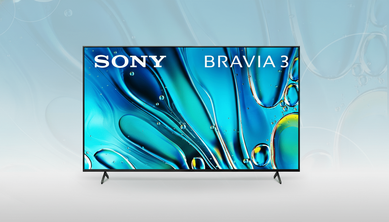 A Sony Bravia 3 television with a blue and green abstract image on its screen, set against a light blue background with subtle circular patterns.