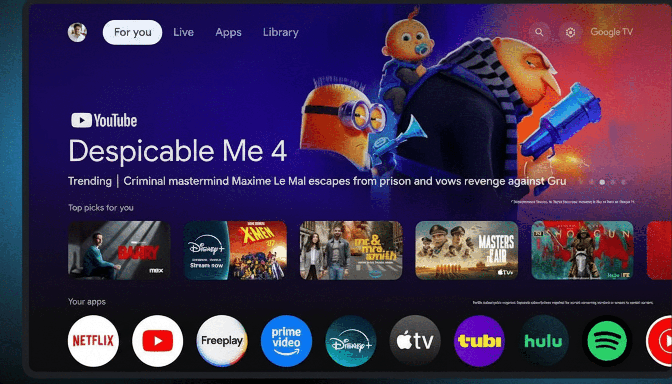 A television screen displaying the Google TV interface with Despicable Me 4 highlighted, showing Gru and a baby, along with various streaming app icons at the bottom.