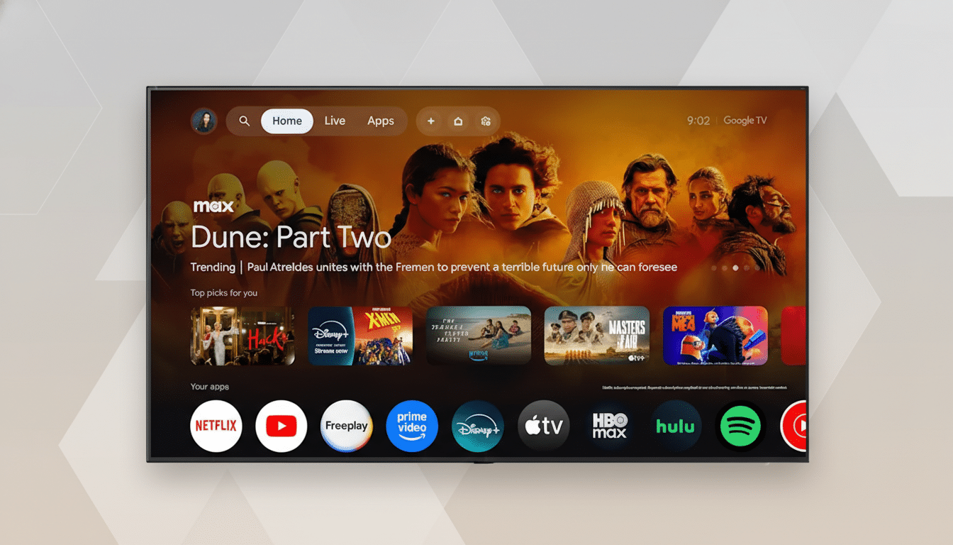 A smart TV displaying the Google TV interface with Dune: Part Two highlighted, surrounded by various streaming app icons and other content.