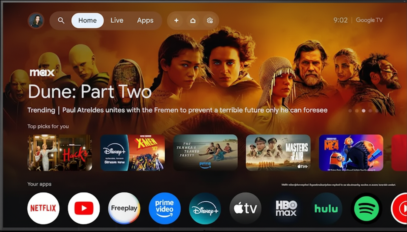 A smart TV displaying the Google TV interface with Dune: Part Two highlighted, showing various streaming apps and content.