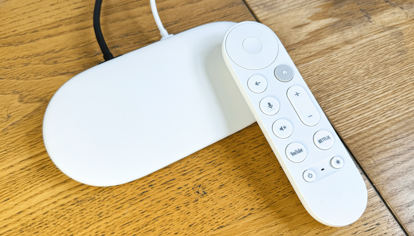 A white Chromecast with Google TV and its remote control resting on a wooden surface.