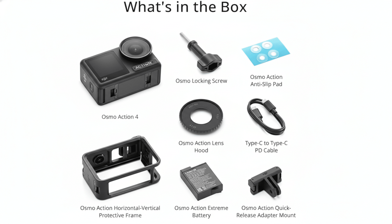 A professional flat design image with a white background showcasing the contents of a box, including an Osmo Action 4 camera, Osmo Locking Screw, Osmo Action Anti-Slip Pad, Osmo Action Lens Hood, Type-C to Type-C PD Cable, Osmo Action Horizontal-Vertical Protective Frame, Osmo Action Extreme Battery, and Osmo Action Quick-Release Adapter Mount.