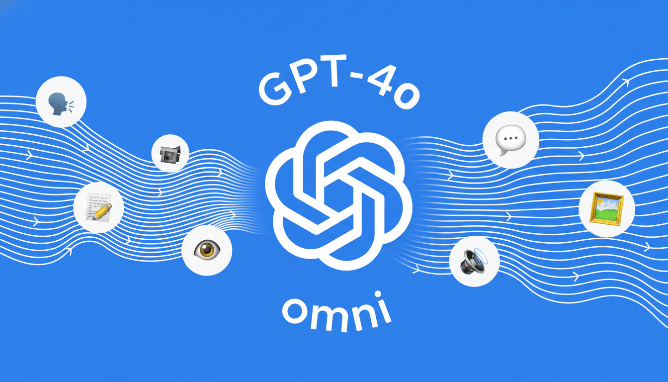The GPT-4o Omni logo, a white stylized knot, is centered on a blue background with GPT-4o above and omni below. Six white circular icons representing different modalities (speech, document, text, vision, audio, image) are arranged around the logo, connected by white wavy lines with arrows flowing towards the central logo.