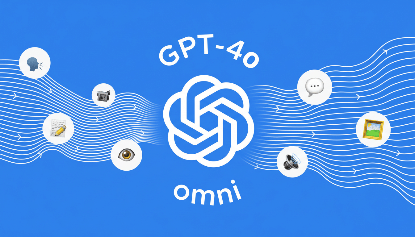 The GPT-4o Omni logo and text on a blue background with various icons representing different functionalities.