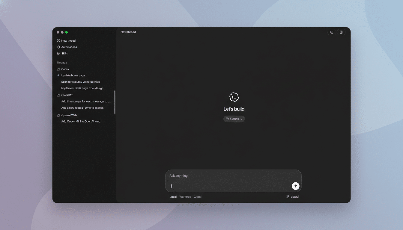 A screenshot of a dark-themed application interface with a sidebar menu and a central Lets build message, resized to a 16:9 aspect ratio.