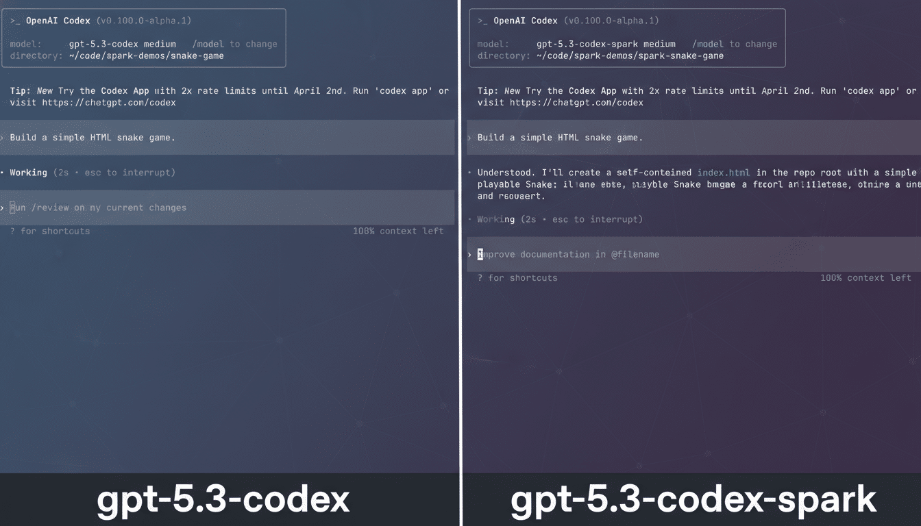 A split screen showing two code editors. The left editor is labeled gpt-5.3-codex and shows a command to Build a simple HTML snake game. The right editor is labeled gpt-5.3-codex-spark and shows a response about creating an index.html file for a playable Snake game, followed by a command to improve documentation in @filename.