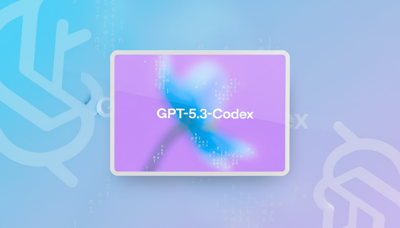 A professional image with a 16:9 aspect ratio, featuring a rectangular screen displaying GPT-5.3-Codex in white text against a purple and blue gradient background with faint code snippets. The screen is centered on a light blue and purple gradient background with subtle, abstract patterns resembling code or digital elements.