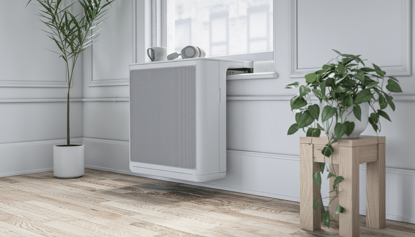 A white, rectangular air conditioning unit is mounted in a window, with a mug and headphones on the windowsill. A potted plant sits on a wooden stool to the right, and another tall plant is on the left, all against a backdrop of white walls and a wooden floor.