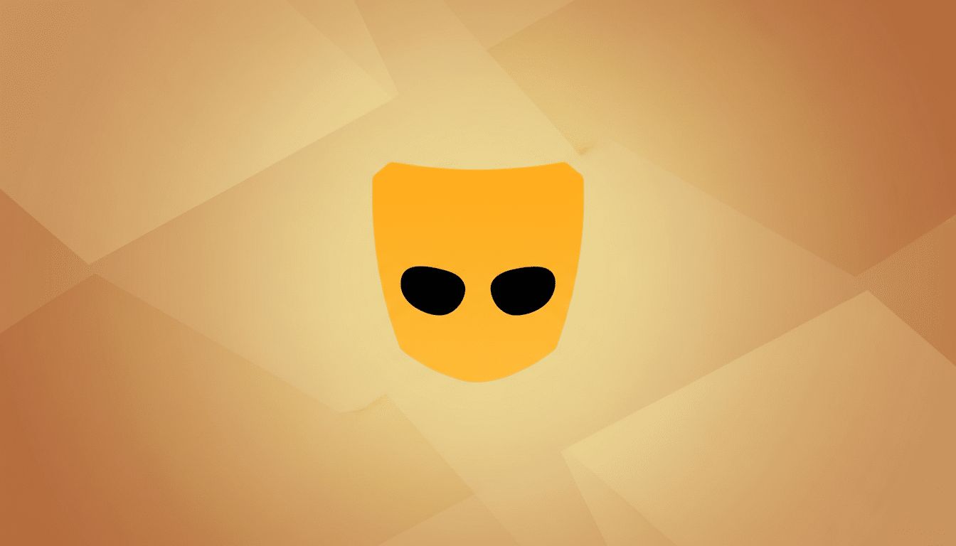 A 16:9 aspect ratio image featuring the Grindr app icon, a stylized orange mask with two black oval eyeholes, centered on a professional flat design background with soft orange and brown gradients and subtle geometric patterns.