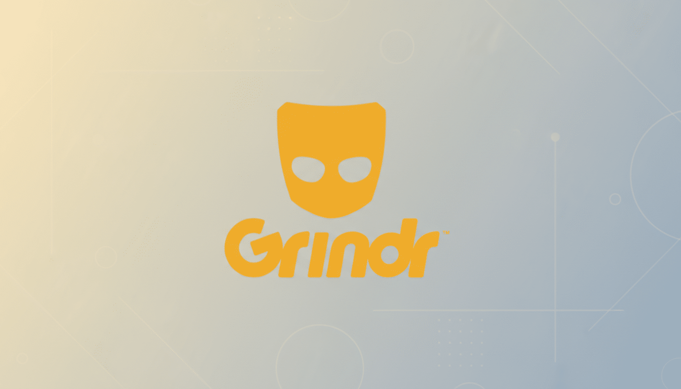 The Grindr logo, featuring a stylized yellow mask icon above the word Grindr in yellow text, set against a professional flat design background with soft patterns and a gradient from light yellow to light blue.
