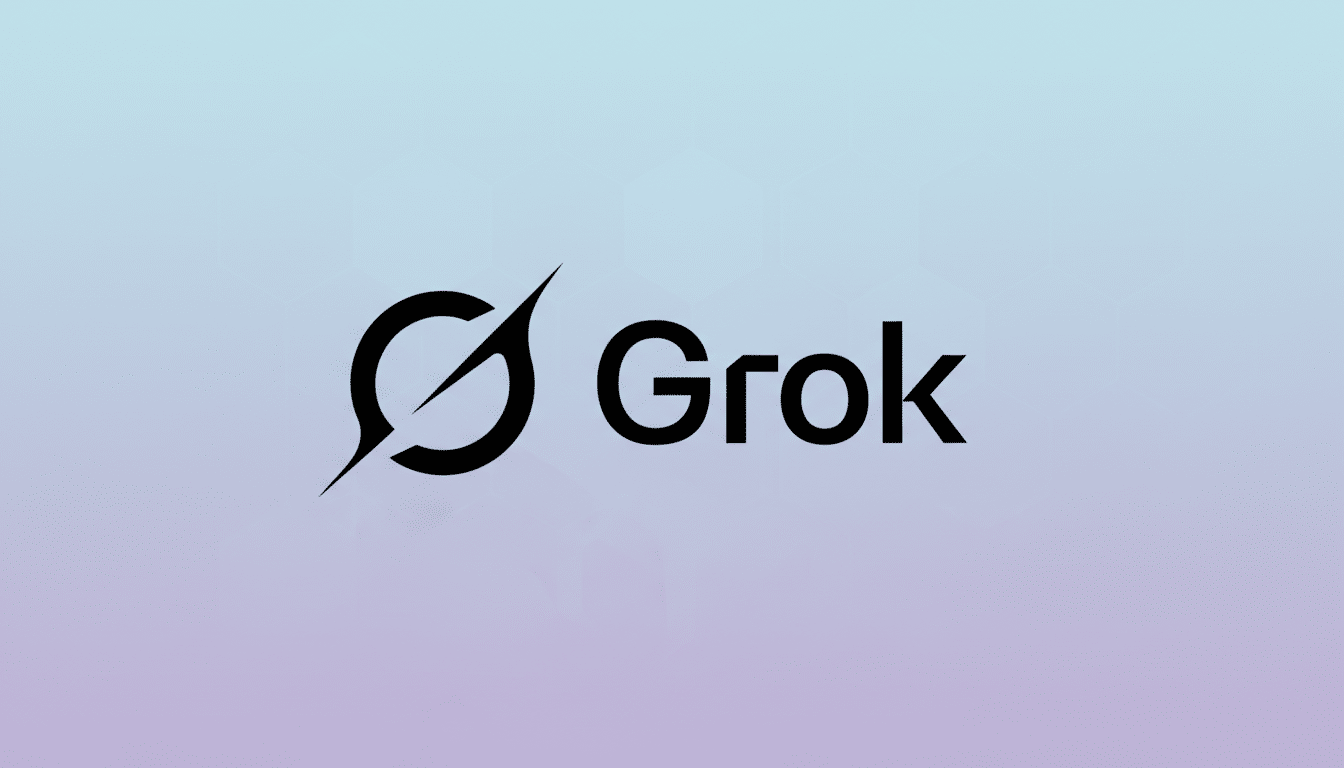 The Grok logo, featuring a stylized black G symbol with a diagonal slash, followed by the word Grok in black sans-serif font, all set against a professional 16:9 aspect ratio background with a soft blue and purple gradient and subtle hexagonal patterns.