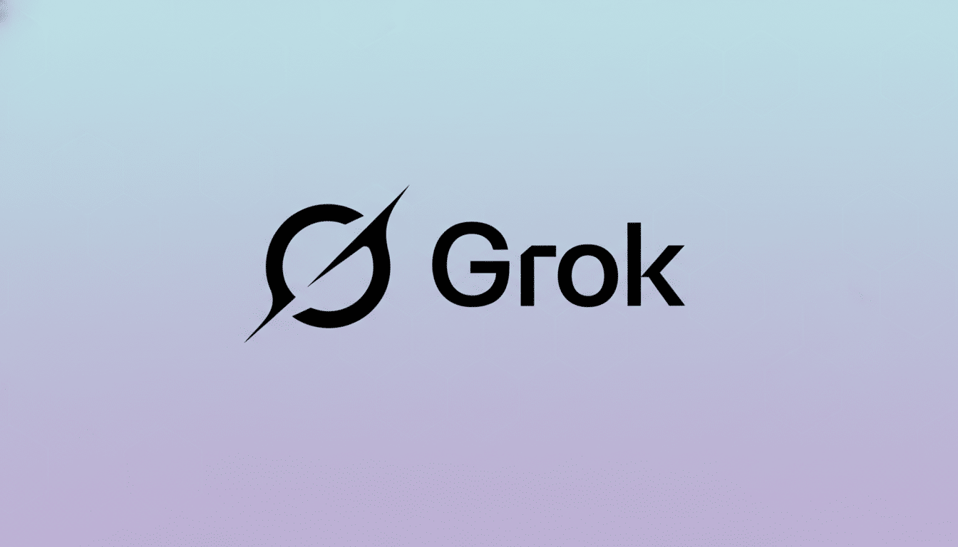 The Grok logo, featuring a stylized black G icon with a diagonal slash, next to the word Grok in black sans-serif font, set against a professional 16:9 aspect ratio background with a soft blue and purple gradient and subtle geometric patterns.
