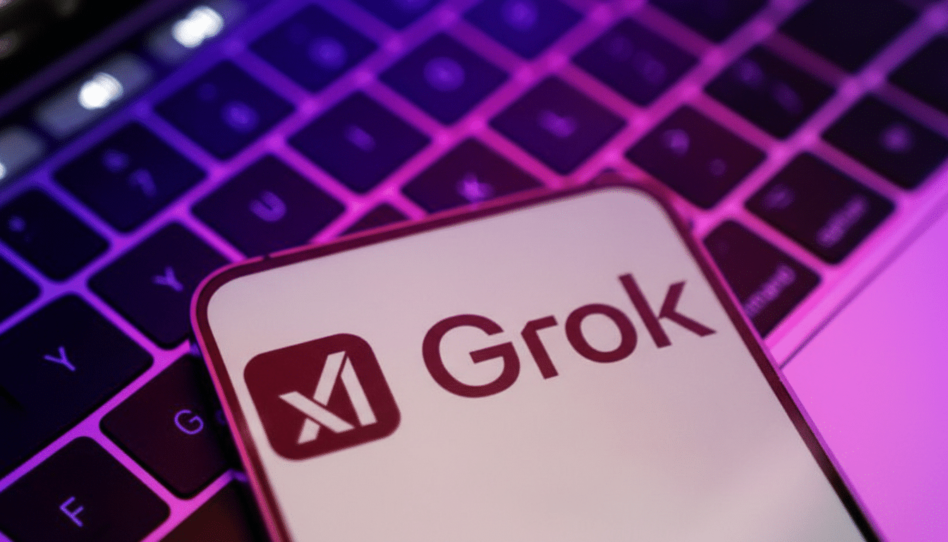 A smartphone displaying the Grok logo is placed on a laptop keyboard, with purple and blue lighting reflecting on the keys.