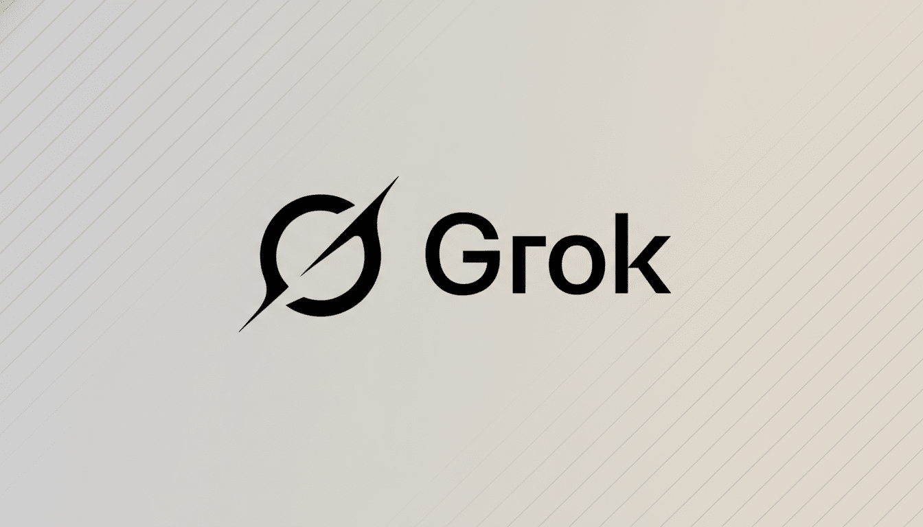 The Grok logo, featuring a stylized black G with a diagonal line through it, next to the word Grok in black sans-serif font, all set against a professional light gray background with subtle diagonal line patterns.