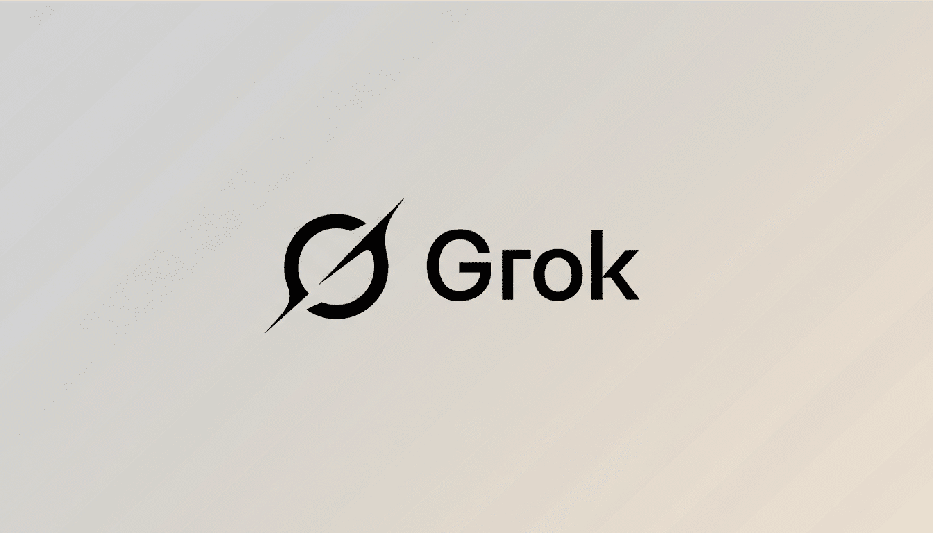 The Grok logo, featuring a stylized black G with a diagonal line through it, next to the word Grok in black sans-serif font, all set against a professional 16:9 aspect ratio background with a soft, light gradient.