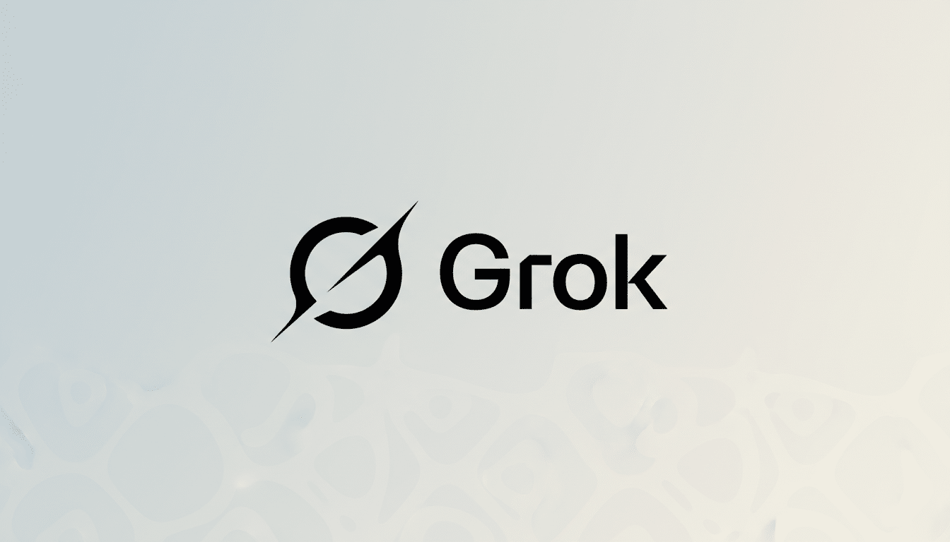 The Grok logo, featuring a stylized black G icon with a diagonal slash, next to the word Grok in black sans-serif font, all presented on a professional 16:9 aspect ratio background with a subtle light gray gradient and soft, organic patterns.