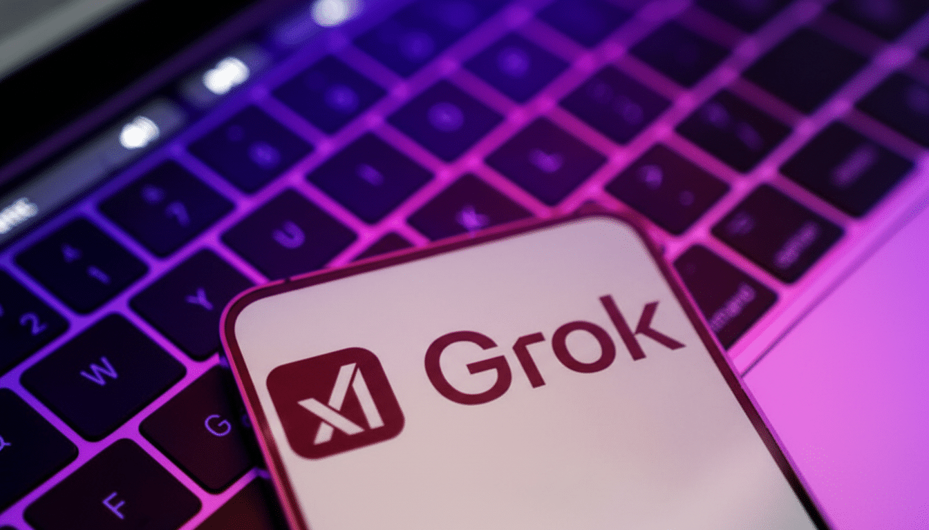 A smartphone displaying the Grok logo is placed on a laptop keyboard, with purple and blue lighting illuminating the scene.