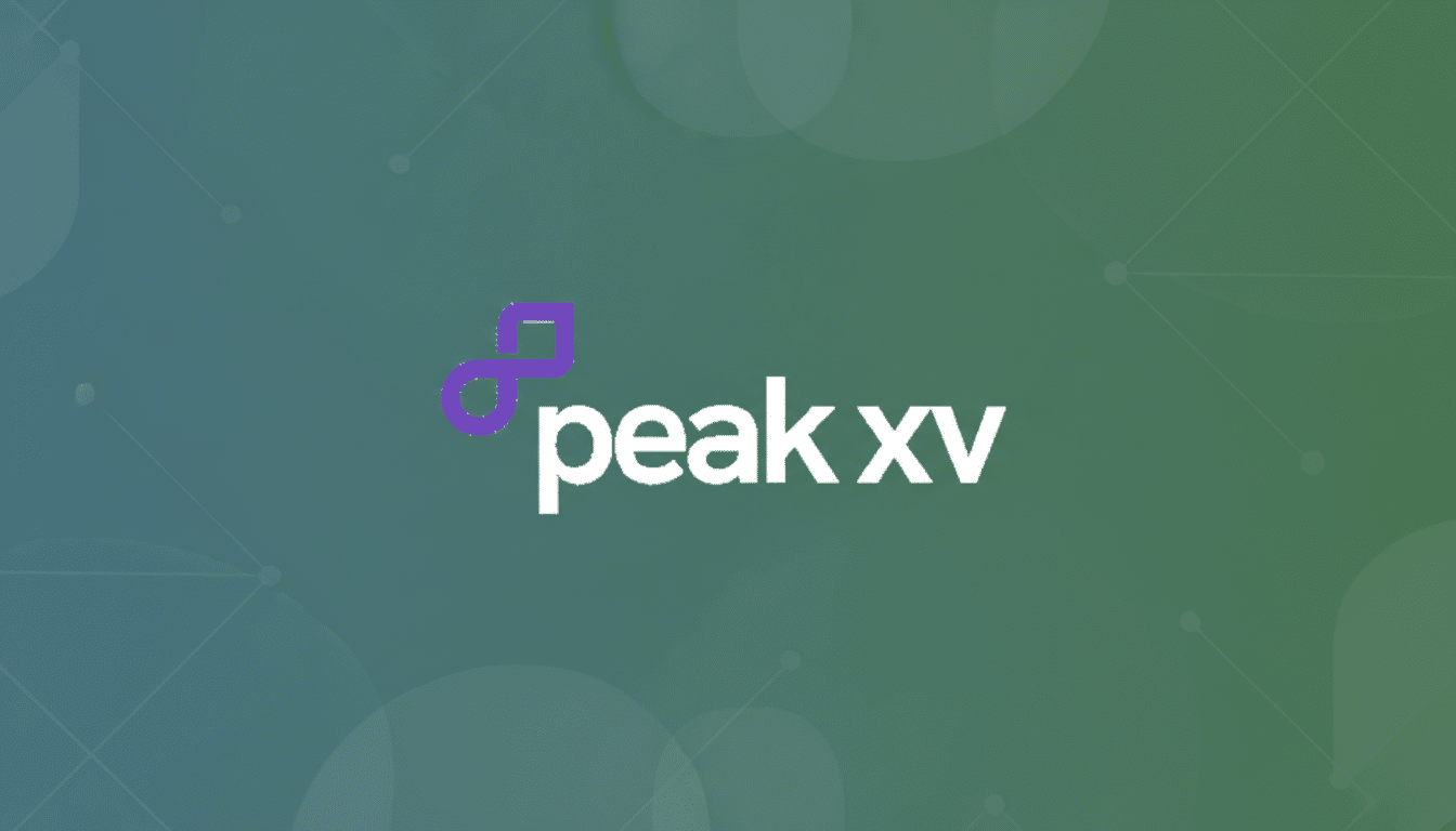 The Peak XV logo, featuring a purple stylized musical note or infinity symbol followed by the white text peak xv, set against a professional flat design background with soft green and blue gradients and subtle geometric patterns.