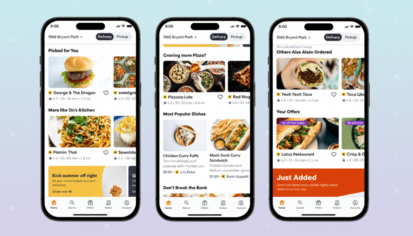 Three smartphone screens displaying a food delivery app interface, with various food items and restaurant listings.