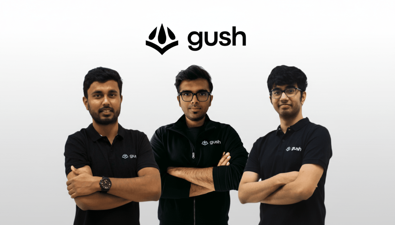 Three men in black shirts with the gush logo, standing with crossed arms under the gush logo and wordmark, against a white background.