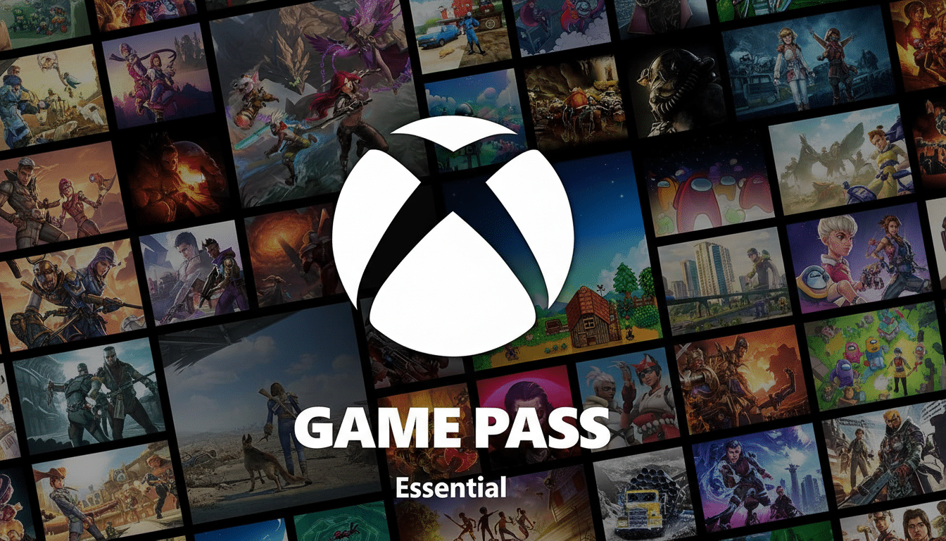 The Xbox Game Pass Essential logo is centered on a collage of various video game screenshots and artwork, all resized to a 16:9 aspect ratio.