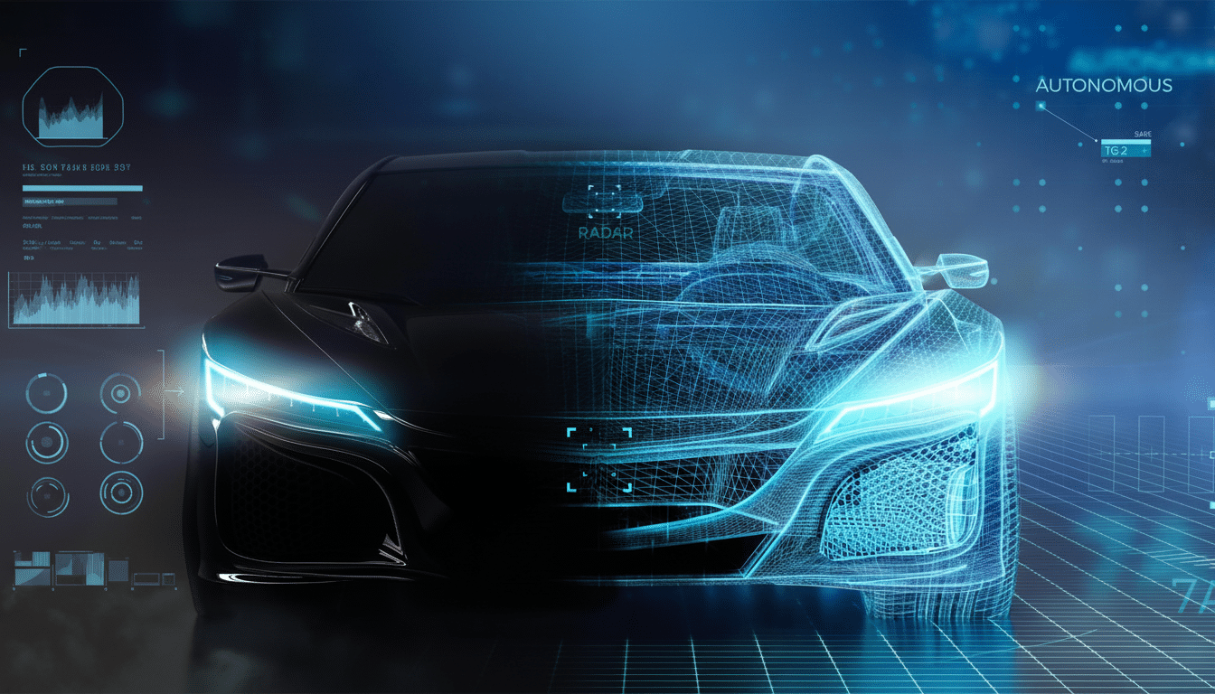 A sleek, dark car with its right half rendered as a glowing blue wireframe, showcasing autonomous technology.