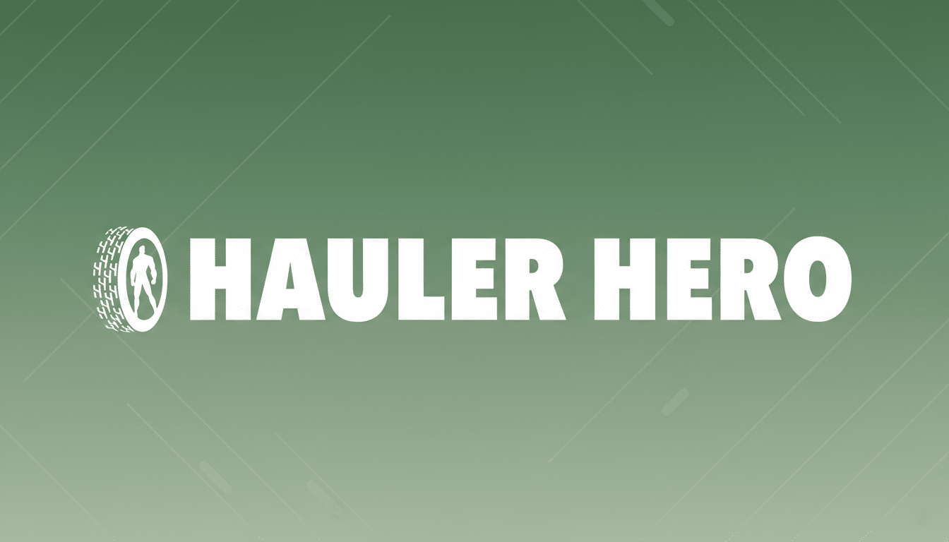 The Hauler Hero logo, featuring white text and a white icon of a person within a tire, set against a professional green background with subtle diagonal line patterns.