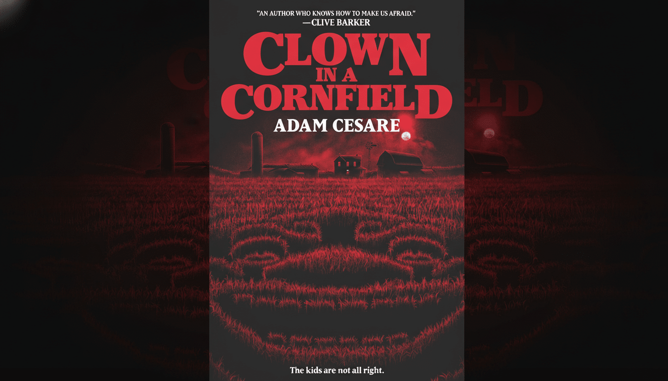 The book cover for Clown in a Cornfield by Adam Cesare, featuring a dark, ominous cornfield with a faint clown face visible in the stalks, and a farmhouse under a red sky in the background.