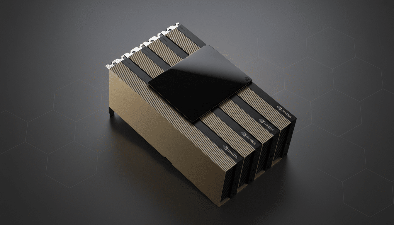 A professional, enhanced image of an NVIDIA GPU module, resized to a 16:9 aspect ratio, set against a dark gray background with subtle hexagonal patterns.