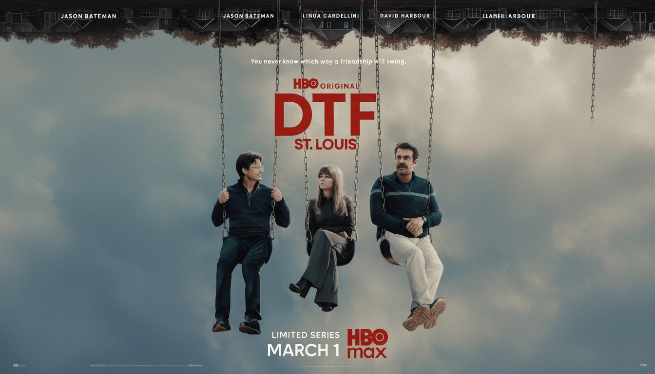A promotional poster for the HBO Original series DTF St. Louis featuring three individuals, Jason Bateman, Linda Cardellini, and David Harbour, sitting on swings against a cloudy sky with houses visible at the top. The poster has been resized to a 16:9 aspect ratio.