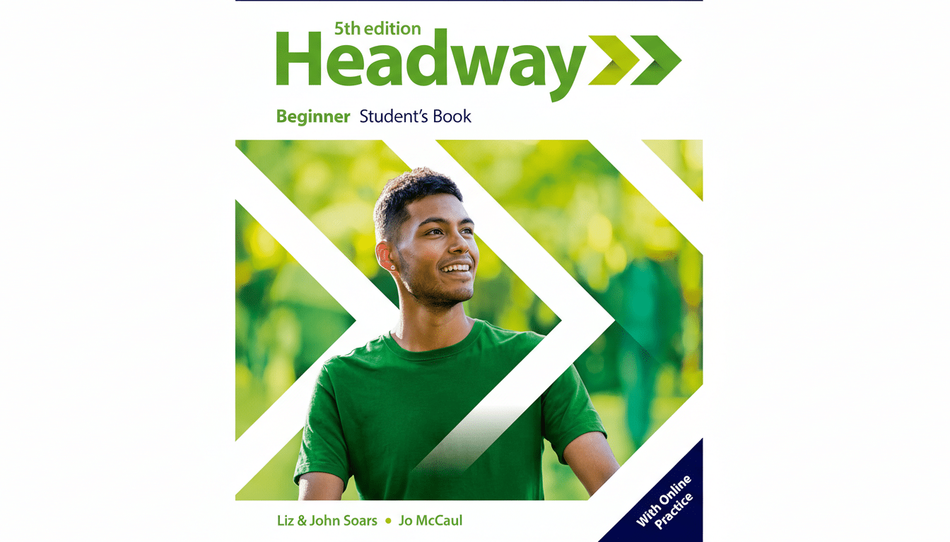 The cover of the Headway 5th edition Beginner Students Book with a young man in a green shirt smiling, set against a blurred green background with white geometric lines. The Oxford logo is at the top right, and author names are at the bottom.