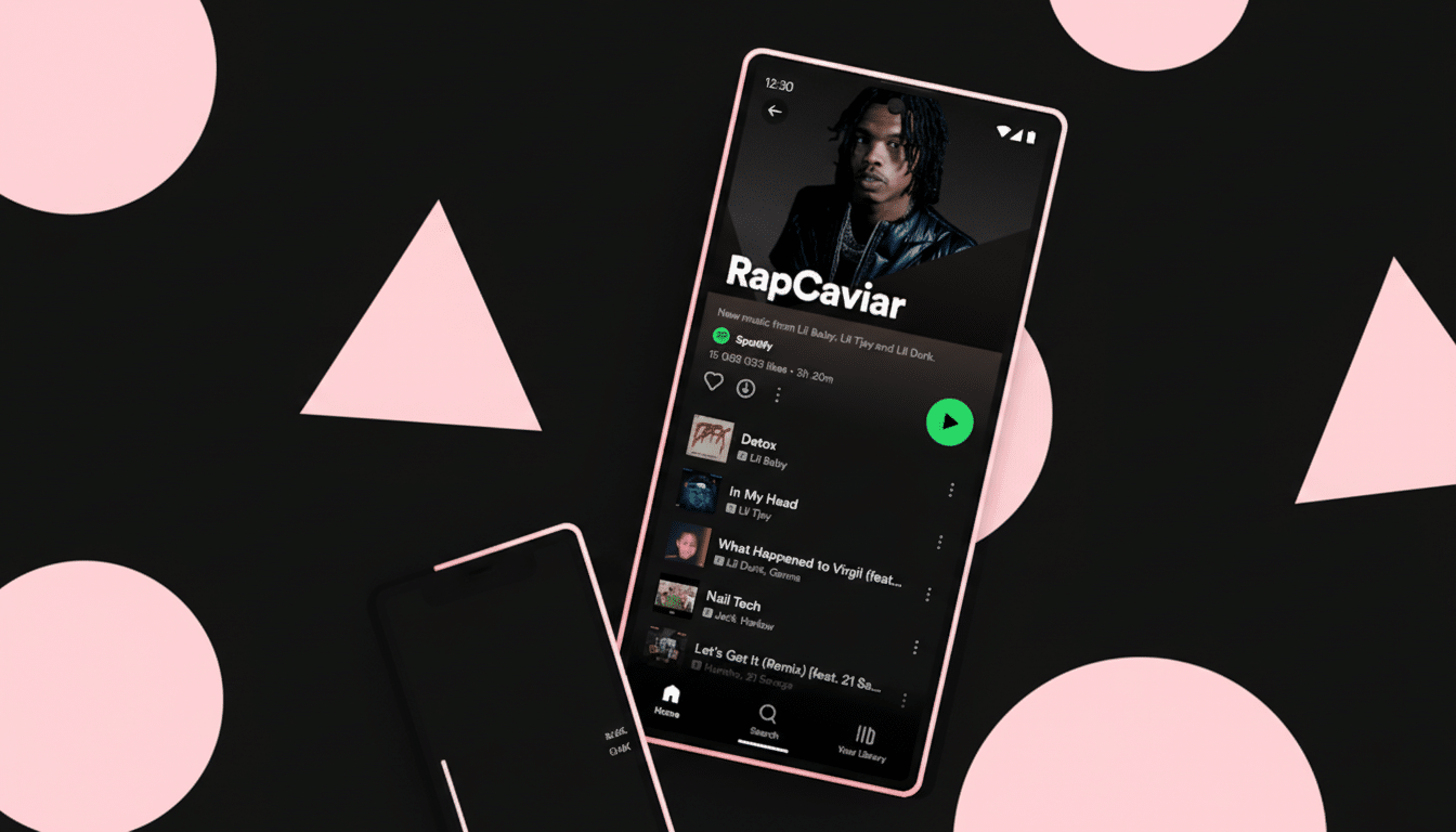 A smartphone displaying the Spotify RapCaviar playlist, featuring Lil Baby, on a black background with pink geometric shapes.