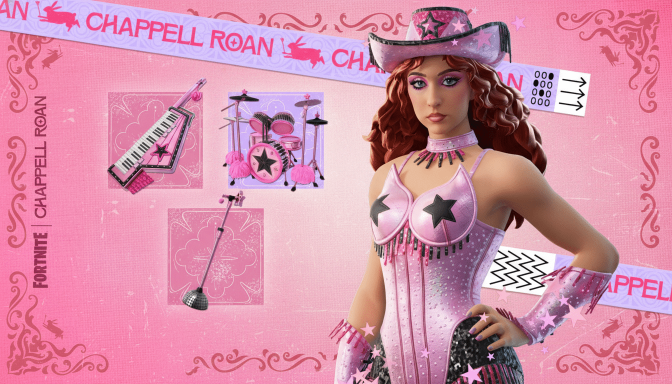 A 16:9 aspect ratio image featuring a female character in a pink, star-studded outfit and cowboy hat, with musical instruments and accessories displayed around her on a pink background.