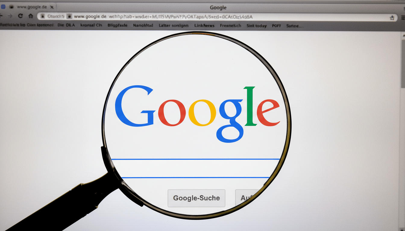 A magnifying glass over the Google search page, showing the Google logo and search bar.