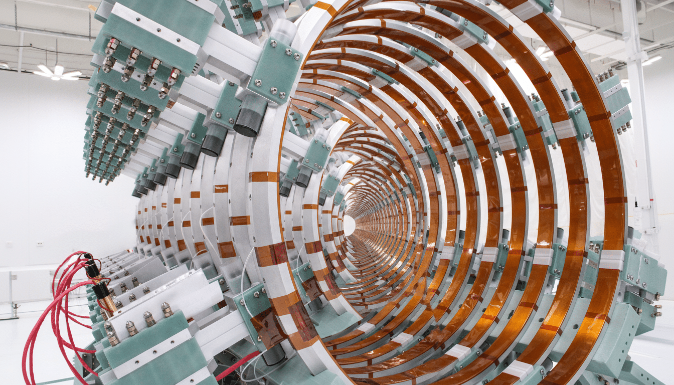 A large, cylindrical scientific instrument with copper-colored rings and teal and white structural components, set against a clean, white laboratory background.