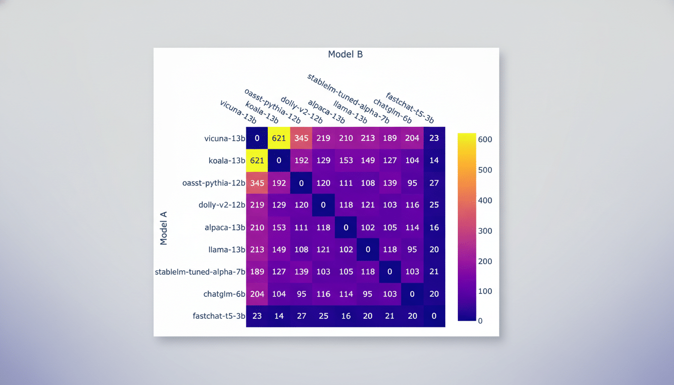 A heatmap showing the performance comparison between different language models, with Model A on the y-axis and Model B on the x-axis. The cells contain numerical values and are color-coded from dark blue (low values) to yellow (high values), indicating varying degrees of interaction or similarity between the models.